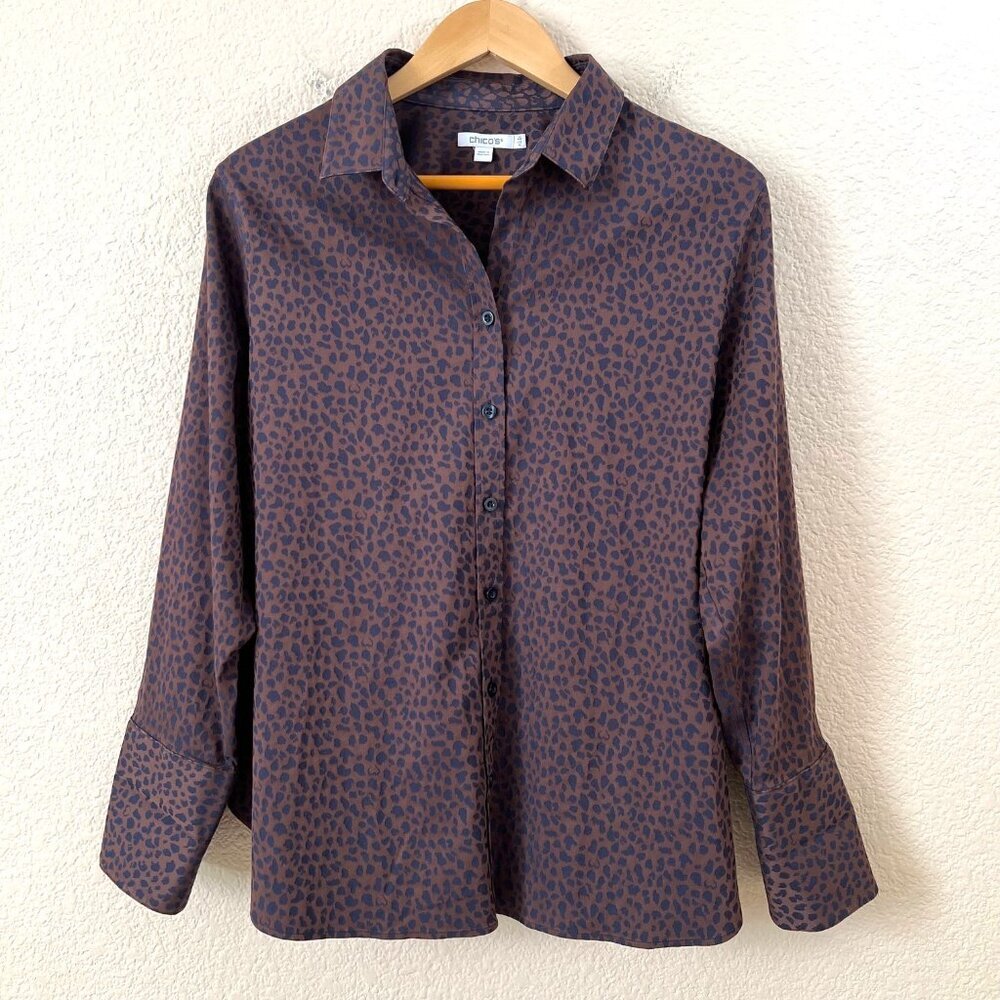 Chico's Size 14 Women Brown Cheetah Print Button Up Shirt Office Career Work